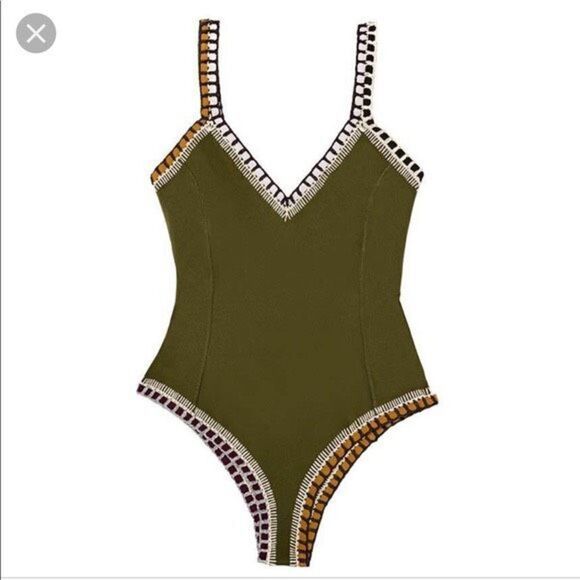 Kiini  Wren Swimsuit Scoop Back Maillot Crochet One Piece High Cut Olive Green S - Picture 2 of 16
